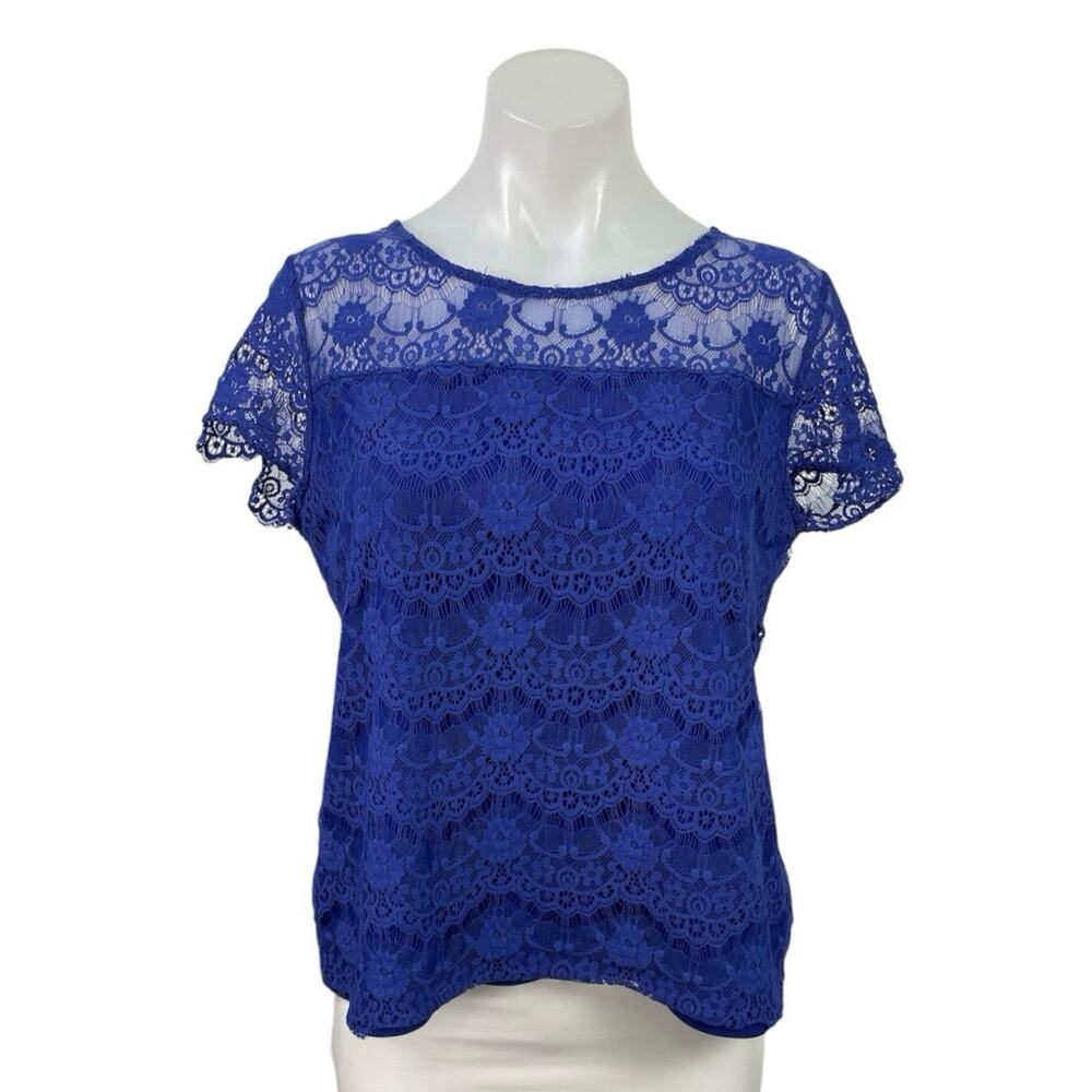Splash Womens Blue Floral Lace Short Sleeve Round Neck Casual Blouse Top Size 14